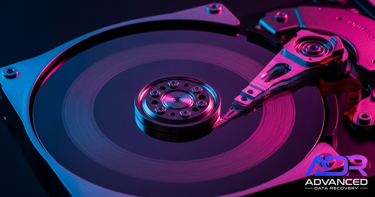 Macro view of an opened hard disk drive with platter scratch damage, lit in ADR's blue-to-magenta gradient