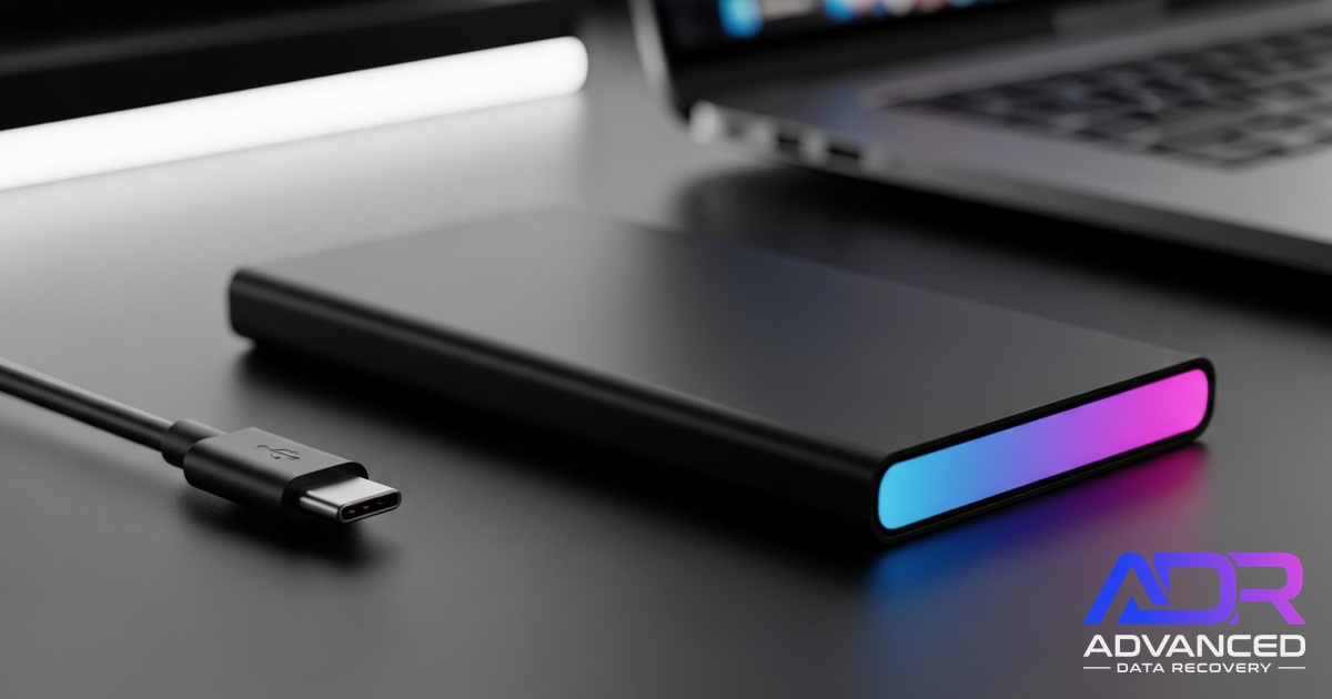 External SSD on a workbench with disconnected USB-C cable, lit in ADR's brand gradient