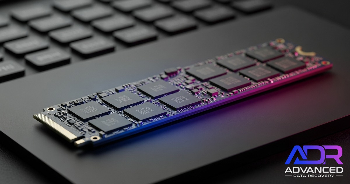 Macro shot of an NVMe SSD on an ESD mat showing NAND chips, lit in ADR's brand gradient